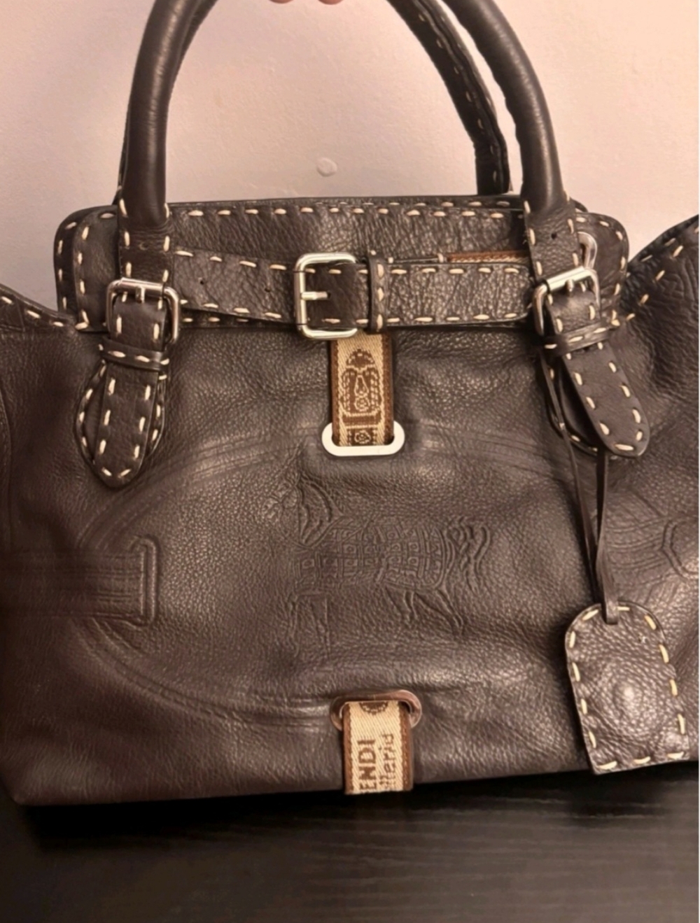Fendi Dark Brown Sellaria Leather Tote with Contrast Stitching